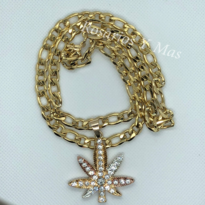 24K Gold Filled Marijuana Weed Pendant with 26" Necklace Three Gold Tone
