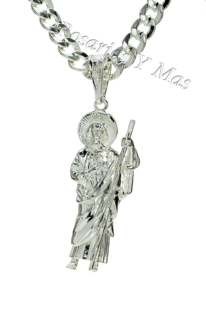 24K White Gold Filled St Jude Pendant with 26" Necklace - San Judas Oro Laminado Blanco con Cadena