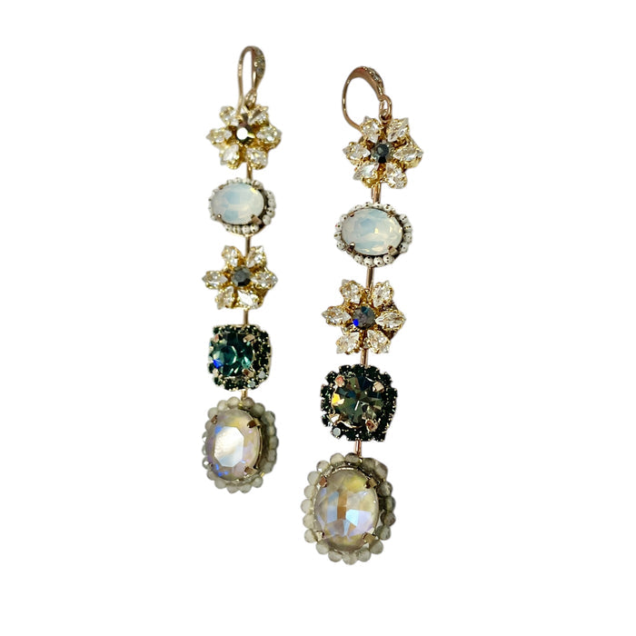 Private label 5-tier beaded flower drop earrings with colorful beads and floral design on silver hooks.