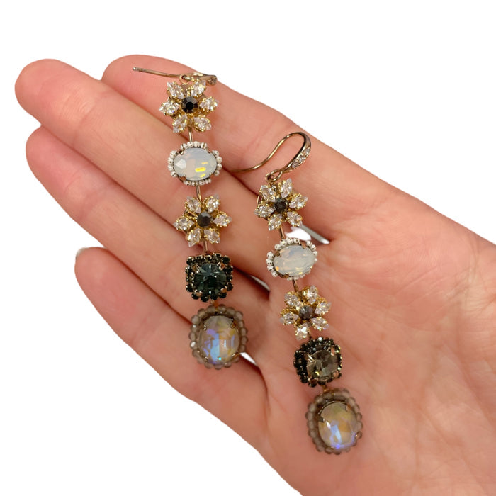 Private label 5-tier beaded flower drop earrings with colorful floral beads and dangling design on a white background.