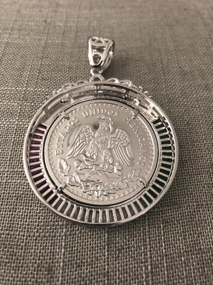 50 Pesos and Mexican Eagle Centenario with 26" Necklace (24K White Gold Plated)