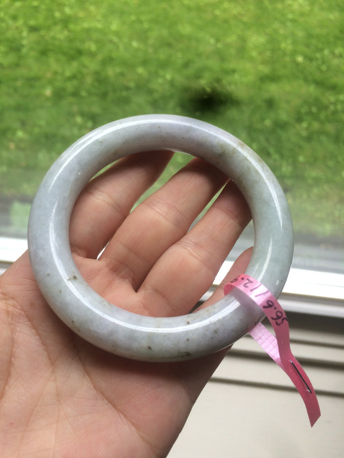 56.6mm 100% natural light green/white chubby round cut jadeite jade bangle L65