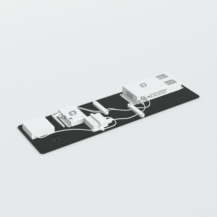 Populated 650mm aluminium electronics mounting tray for retail display installations