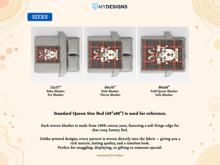 Size guide for Adamson Scottish family crest woven blanket with Caledonia tartan background