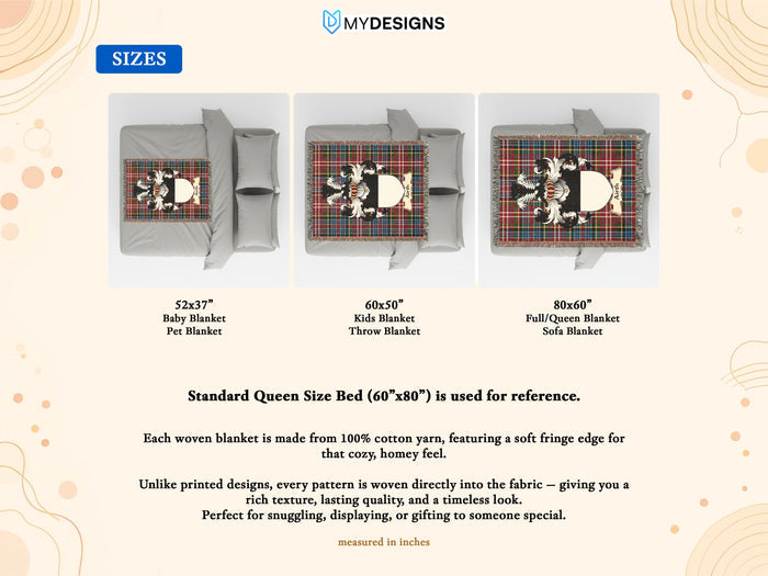 Size guide for Airth Scottish family crest woven blanket with Caledonia tartan background