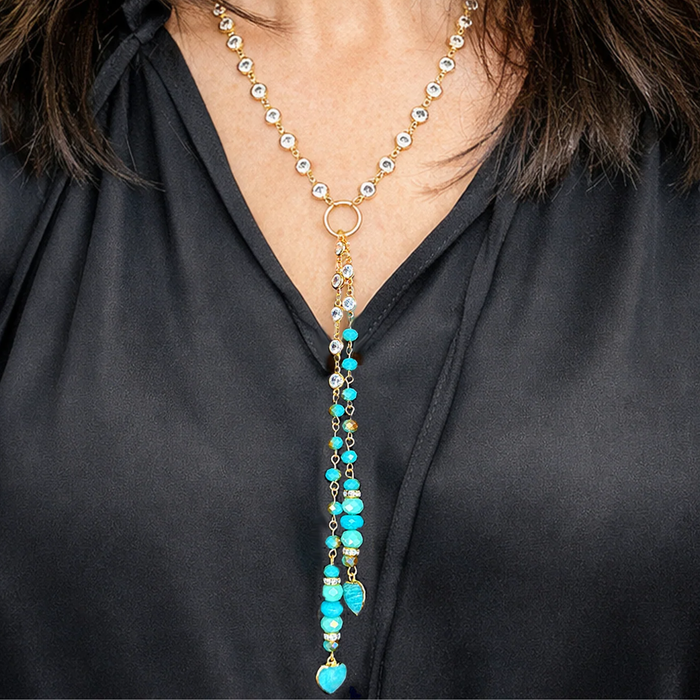 Alessia Amazonite and Quartz Heart Gemstone Drop Necklace featuring a delicate chain and heart-shaped gemstone pendant.