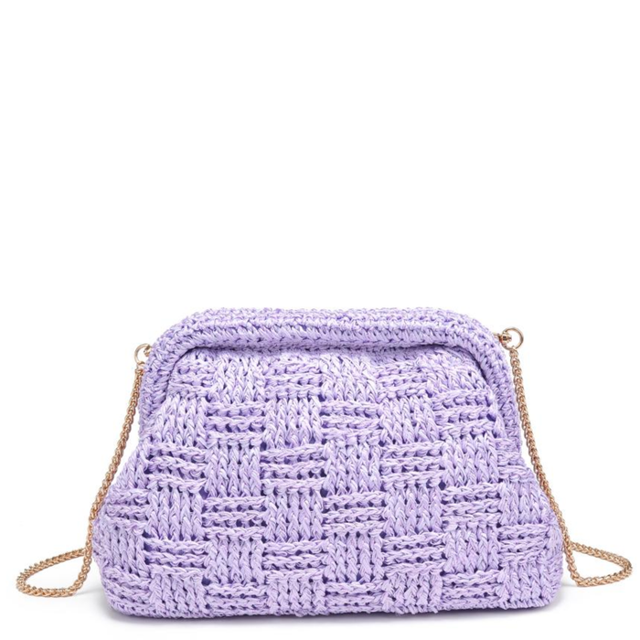 Lavender woven Annie clutch handbag with a gold chain by Urban Expressions on a white background.