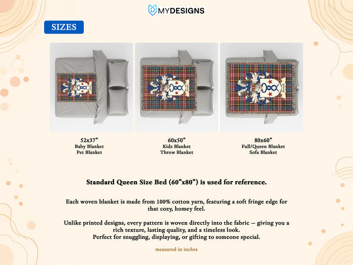 Size guide for Arneil Scottish family crest woven blanket with Caledonia tartan background