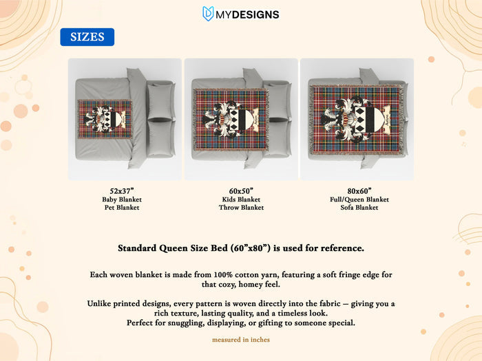 Size guide for Aston Scottish family crest woven blanket with Caledonia tartan background