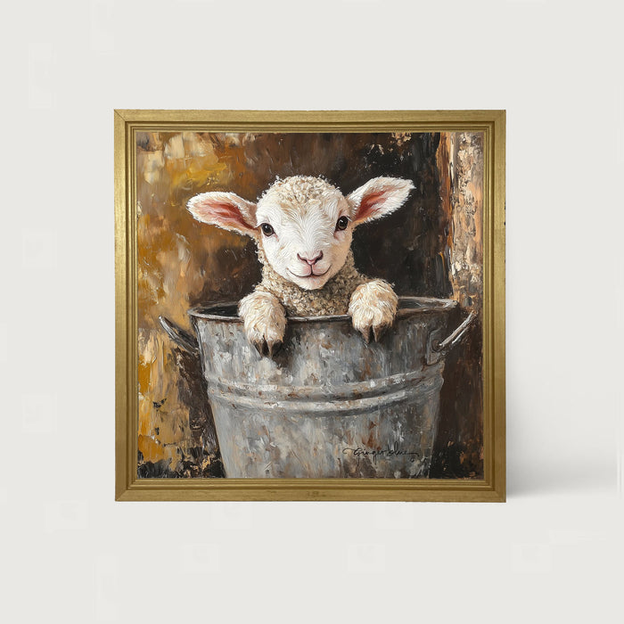 Baby Lamb in Metal Bucket - Framed Art