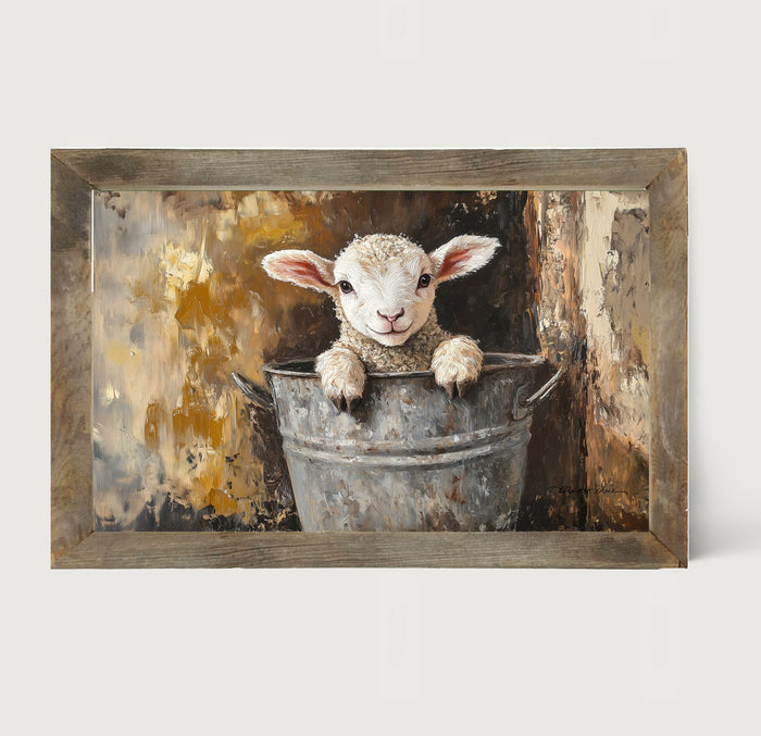 Baby Lamb in Metal Bucket - Framed Art