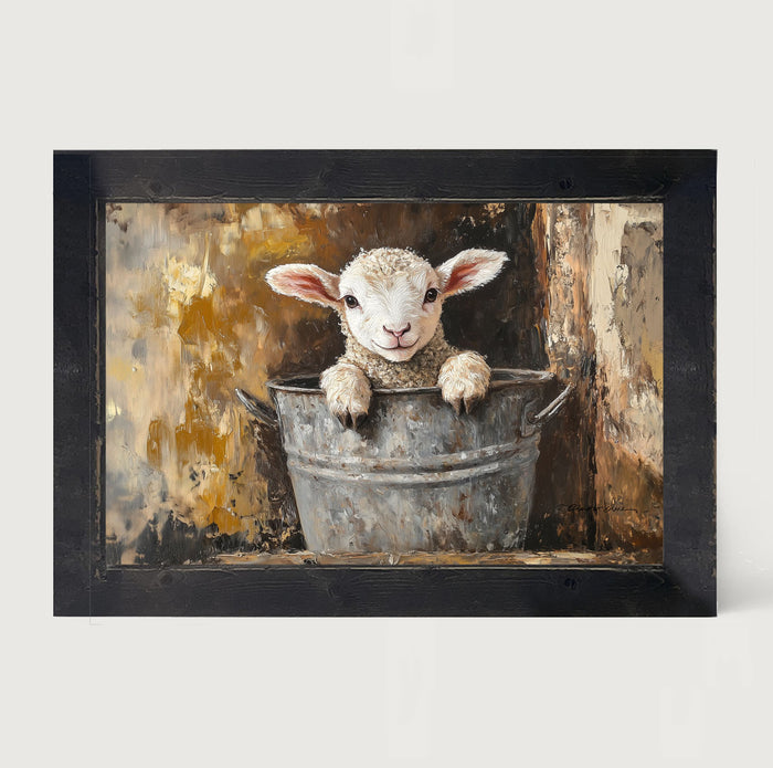 Baby Lamb in Metal Bucket - Framed Art