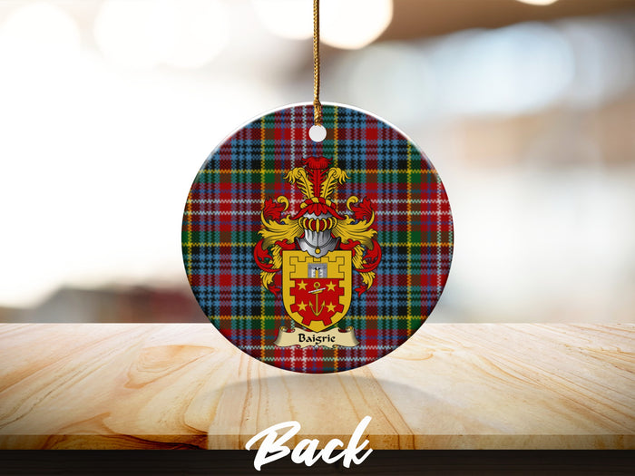Round Baigrie Scottish clan ornament with family crest on a Caledonia tartan background