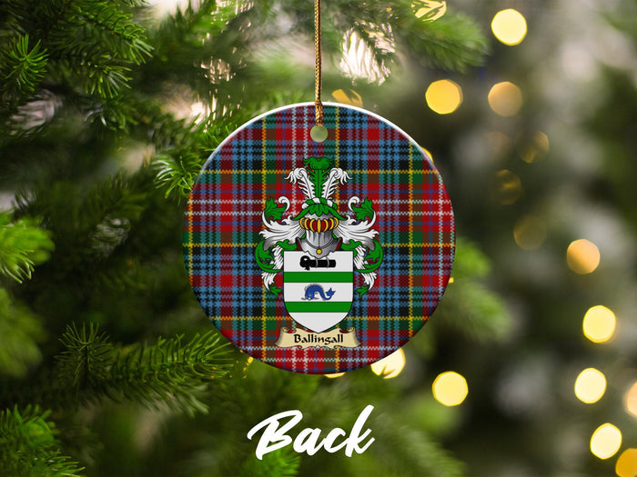 Double-sided Ballingall ceramic ornament with family shield and Caledonia tartan background