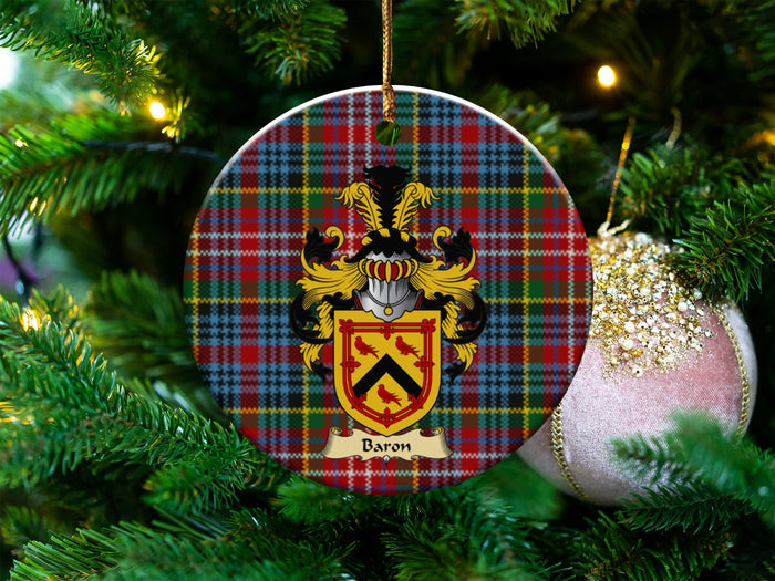 Baron Scottish clan ceramic ornament with family crest on a Caledonia tartan background, hanging on a Christmas tree