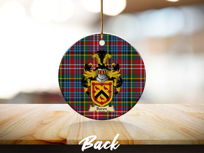 Round Baron Scottish clan ornament with family crest on a Caledonia tartan background