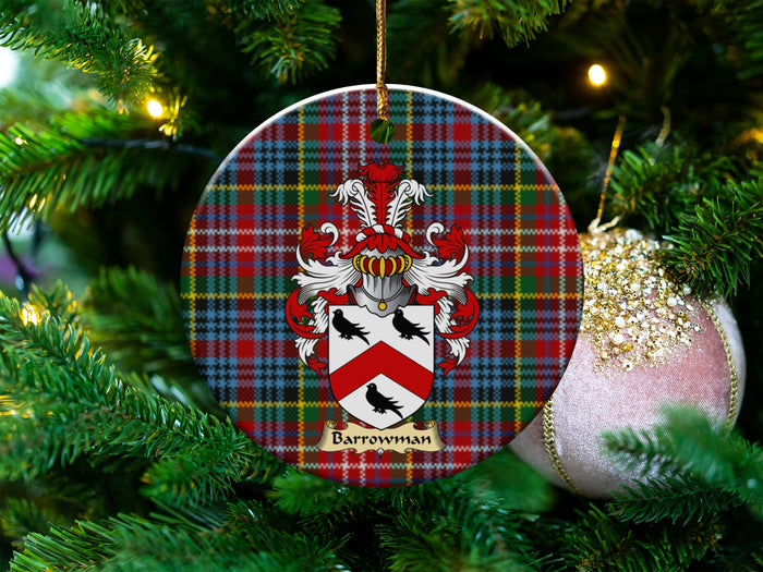 Barrowman Scottish clan ceramic ornament with family crest on a Caledonia tartan background, hanging on a Christmas tree