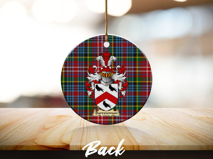 Round Barrowman Scottish clan ornament with family crest on a Caledonia tartan background