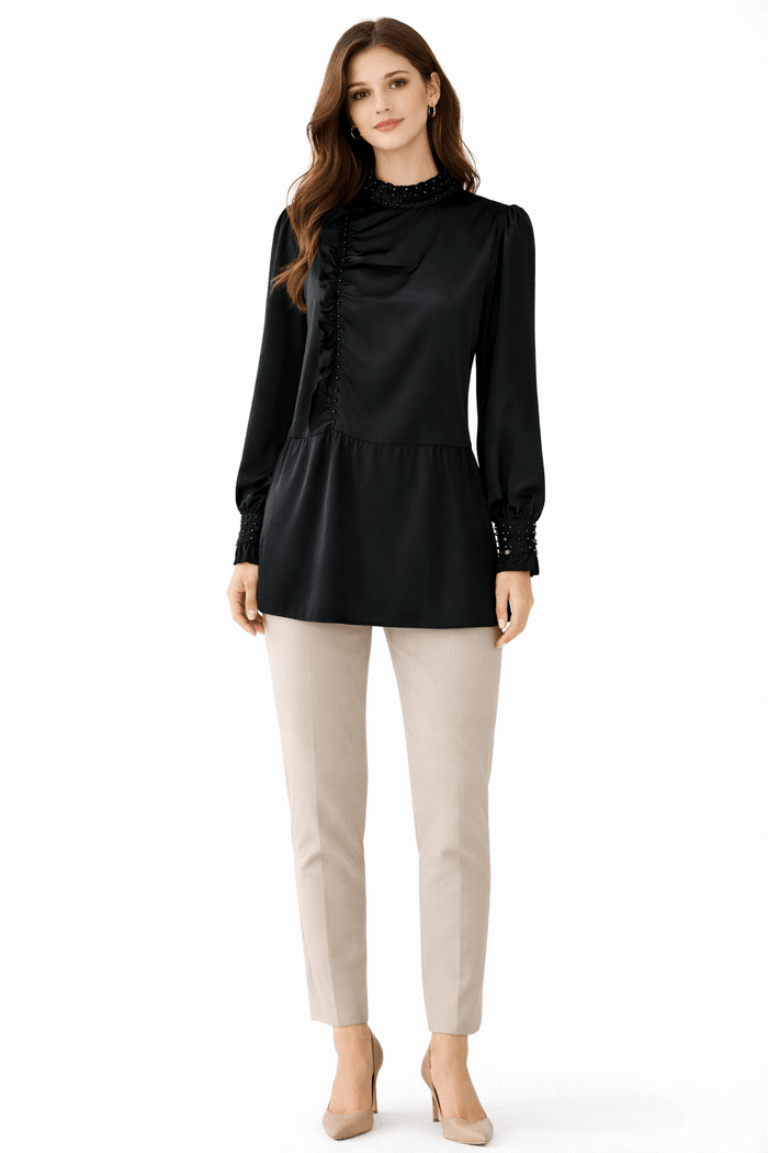 Beaded Mock Neck Ruffle Tunic - Nishat Creative Store