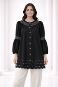 Black Laser-Cut Embroidered Button-Down Tunic - Nishat Creative Store