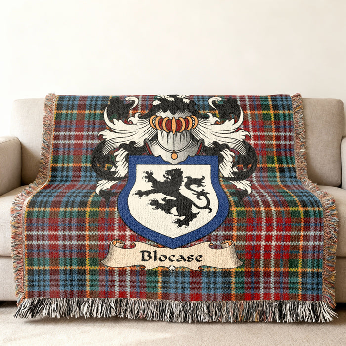 Blocase Scottish family shield woven blanket on a Caledonia tartan background