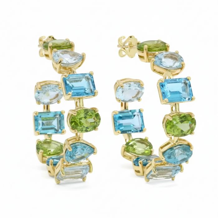Blue and green jeweled hoop earrings with multicolor design, featuring sparkling gemstones and gold-tone metal.