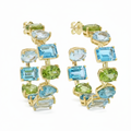 Blue and green jeweled hoop earrings with multicolor design, featuring sparkling gemstones and gold-tone metal.