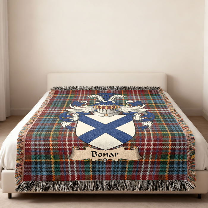 Bonar Caledonia tartan heritage woven throw blanket with family shield