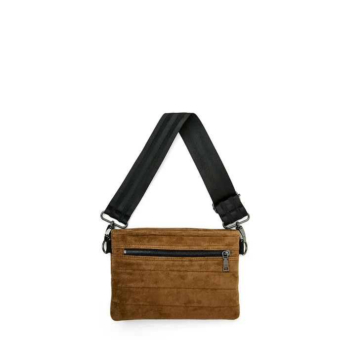 Think Royln BUM BAG 2.0 belt bag in honey suede, featuring a compact design with adjustable strap and sleek style.