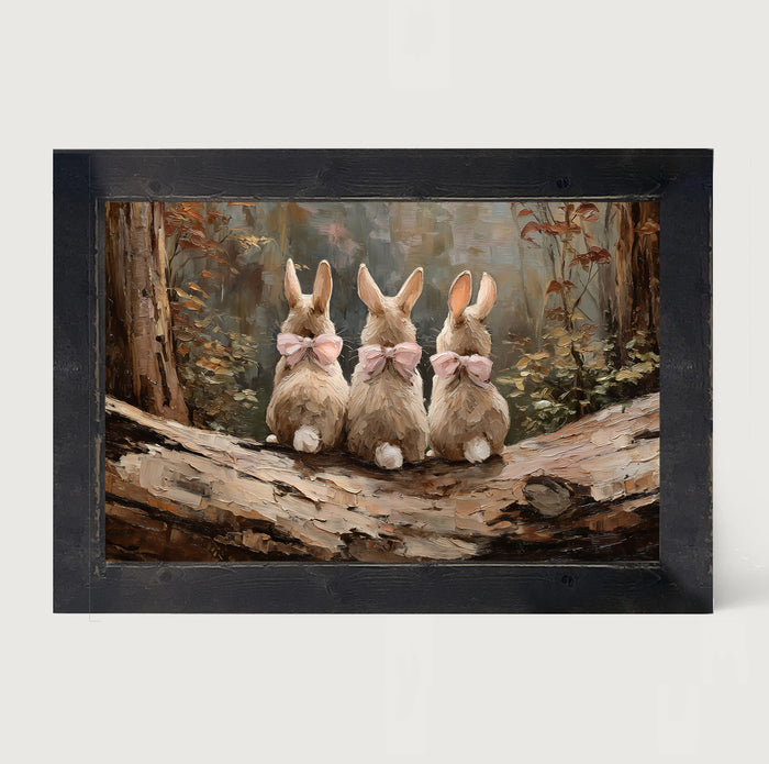 Bunnies with Pink Bows in Forest - Framed Art