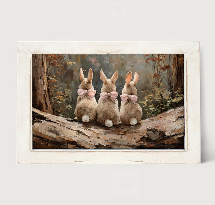 Bunnies with Pink Bows in Forest - Framed Art