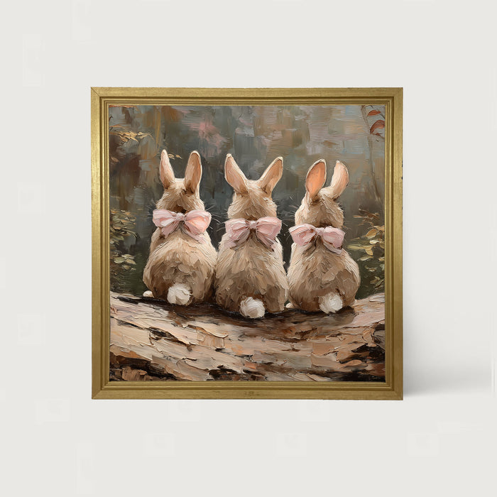 Bunnies with Pink Bows in Forest