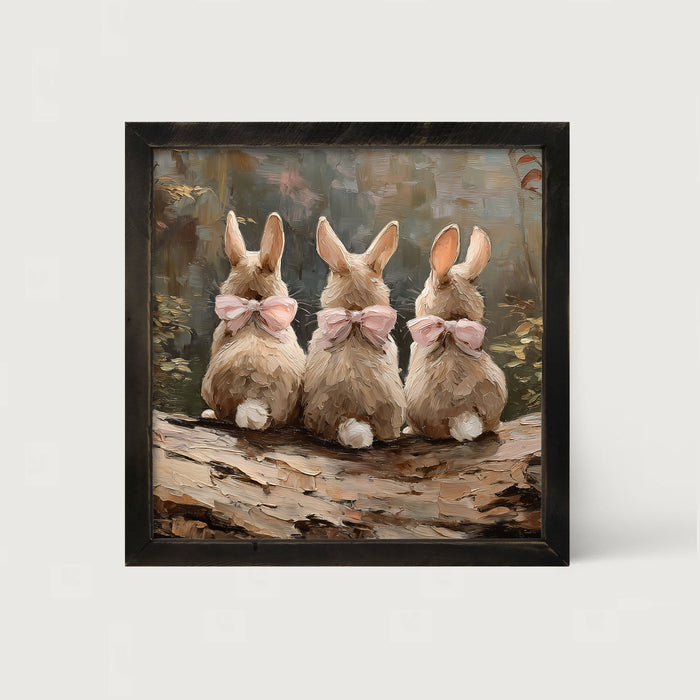 Bunnies with Pink Bows in Forest