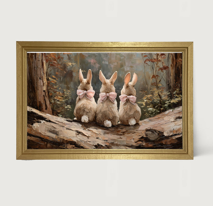 Bunnies with Pink Bows in Forest