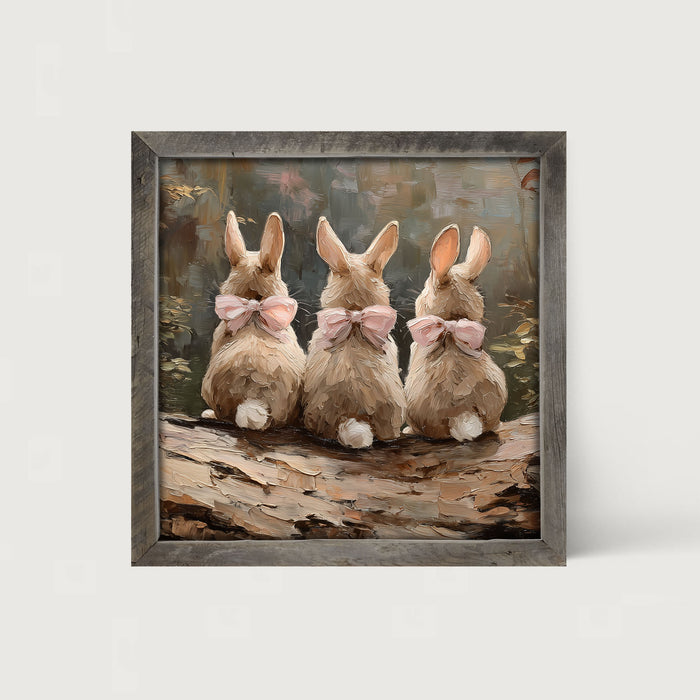 Bunnies with Pink Bows in Forest