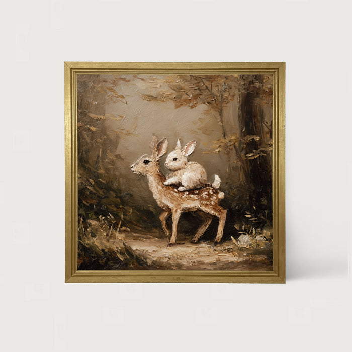 Bunny on Deer in Forest - Framed Art