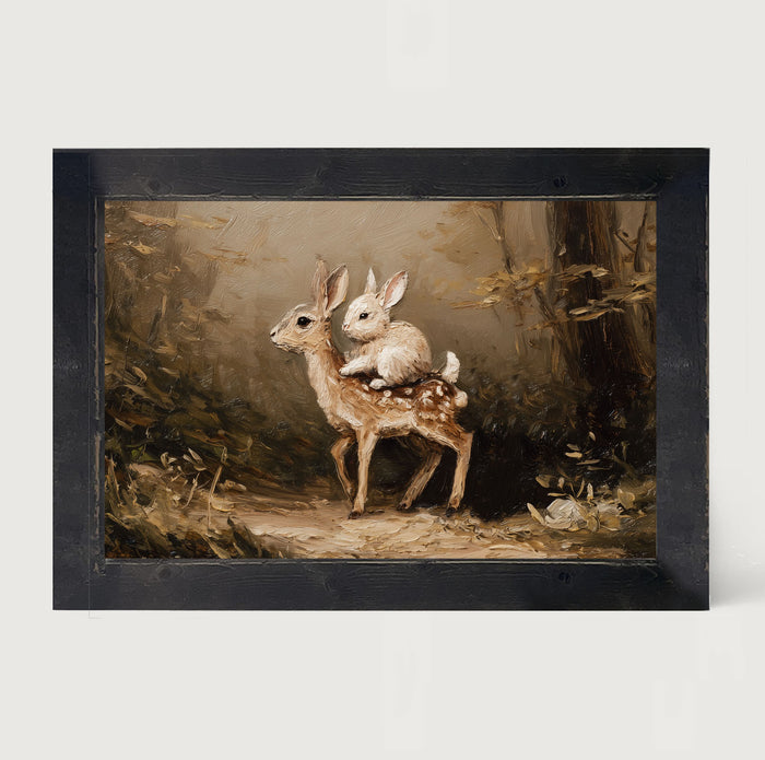 Bunny on Deer in Forest - Framed Art