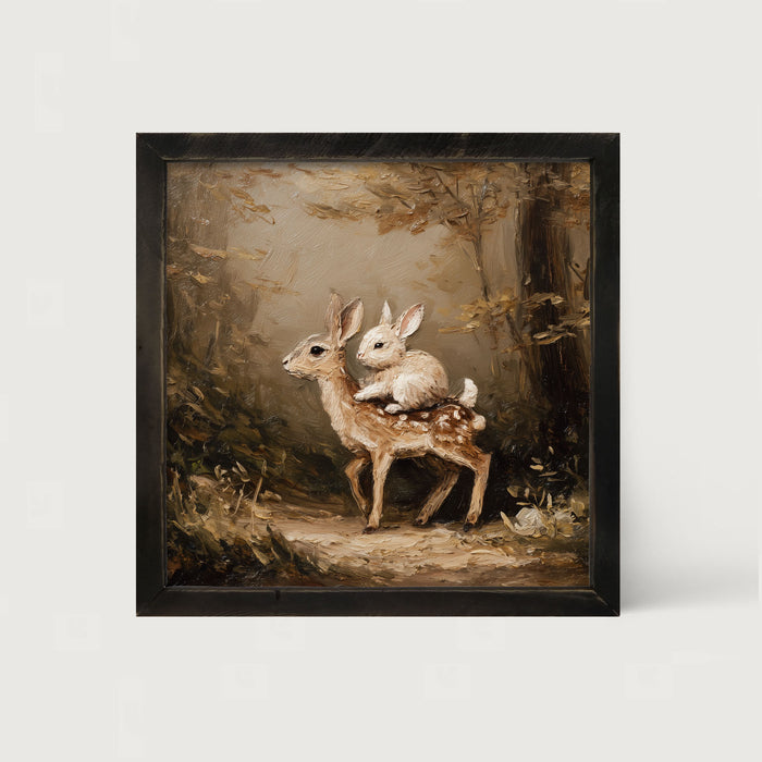 Bunny on Deer in Forest - Framed Art