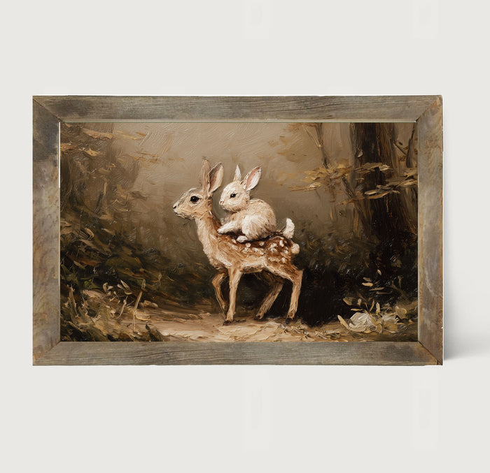 Bunny on Deer in Forest - Framed Art
