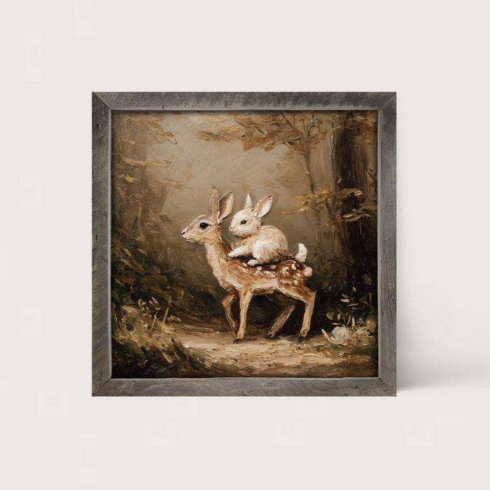 Bunny on Deer in Forest - Framed Art