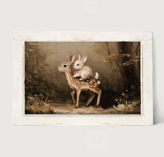 Bunny on Deer in Forest - Framed Art