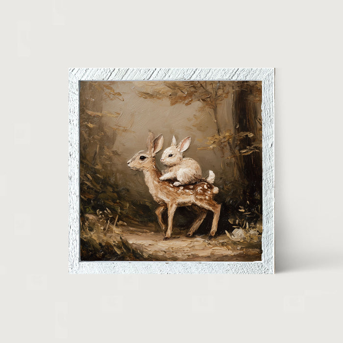 Bunny on Deer in Forest - Framed Art