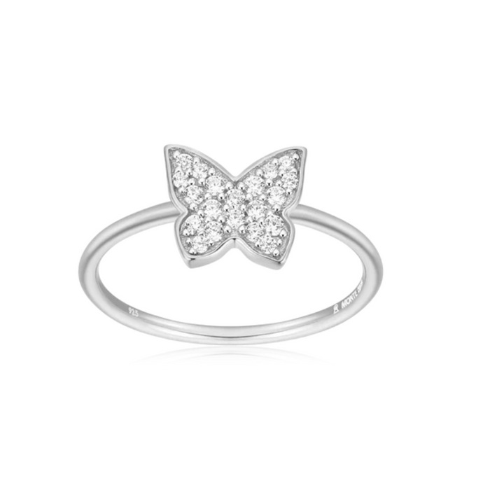 Sterling silver Butterfly Statement Ring by M by Monte Luna featuring a detailed butterfly design on a sleek ring band.
