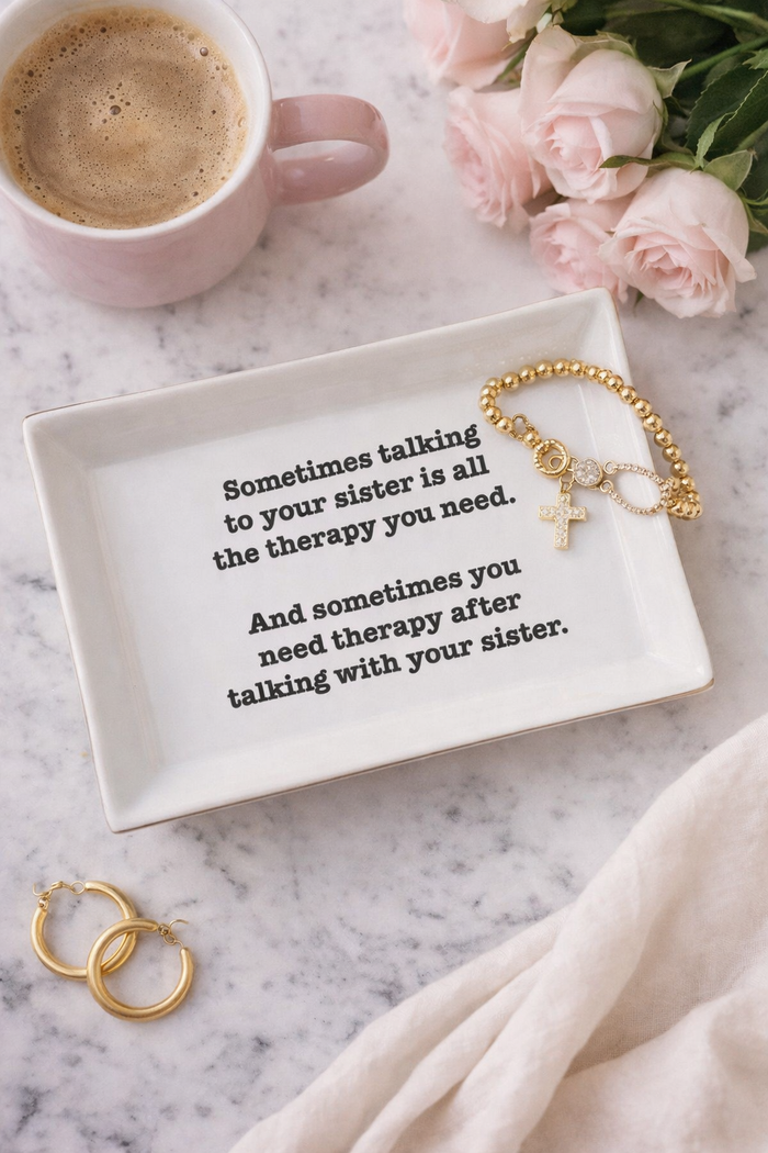 Ceramic trinket tray by Toss Designs featuring "Sister Therapy" text, showcasing a charming and decorative design.