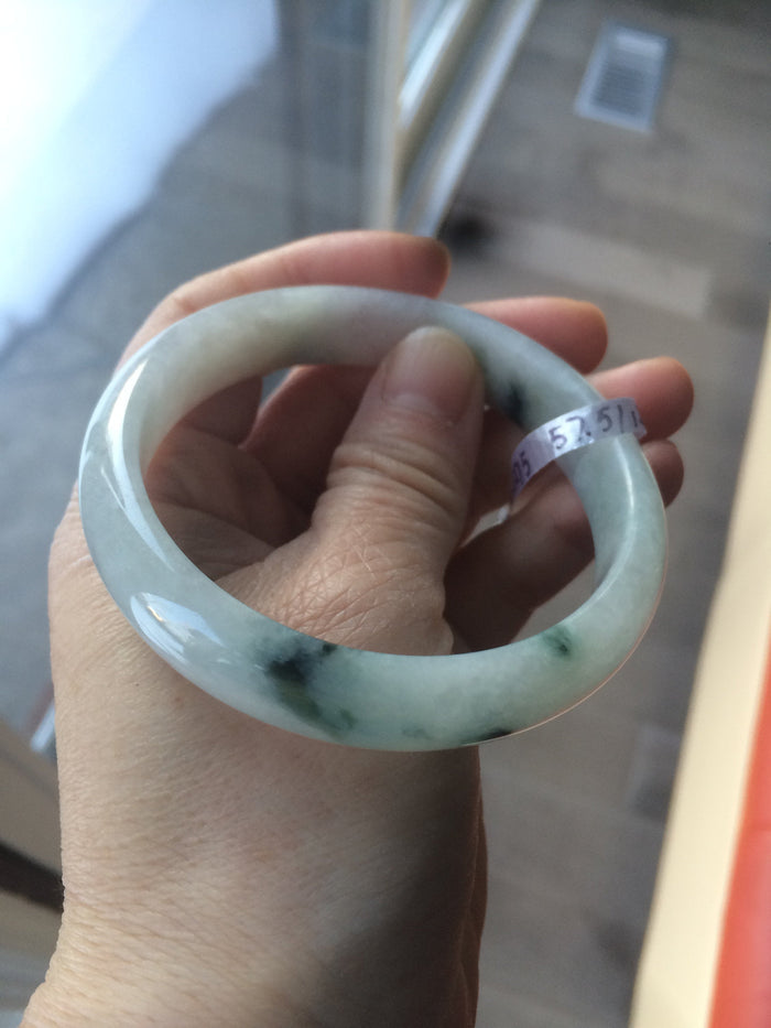 Certified Type A 100% Natural white/green flying flowers Jadeite Jade bangle 57mm  J70-6275