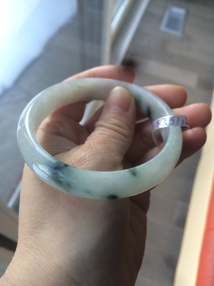 Certified Type A 100% Natural white/green flying flowers Jadeite Jade bangle 57mm  J70-6275