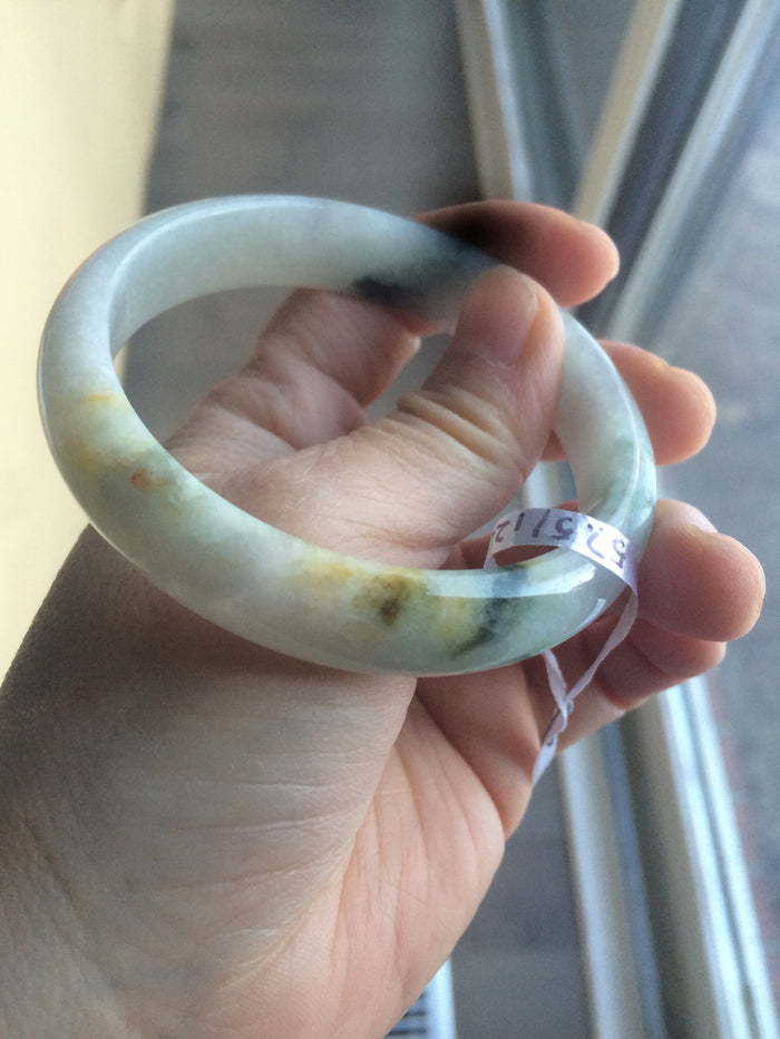 Certified Type A 100% Natural white/green flying flowers Jadeite Jade bangle 57mm  J70-6275