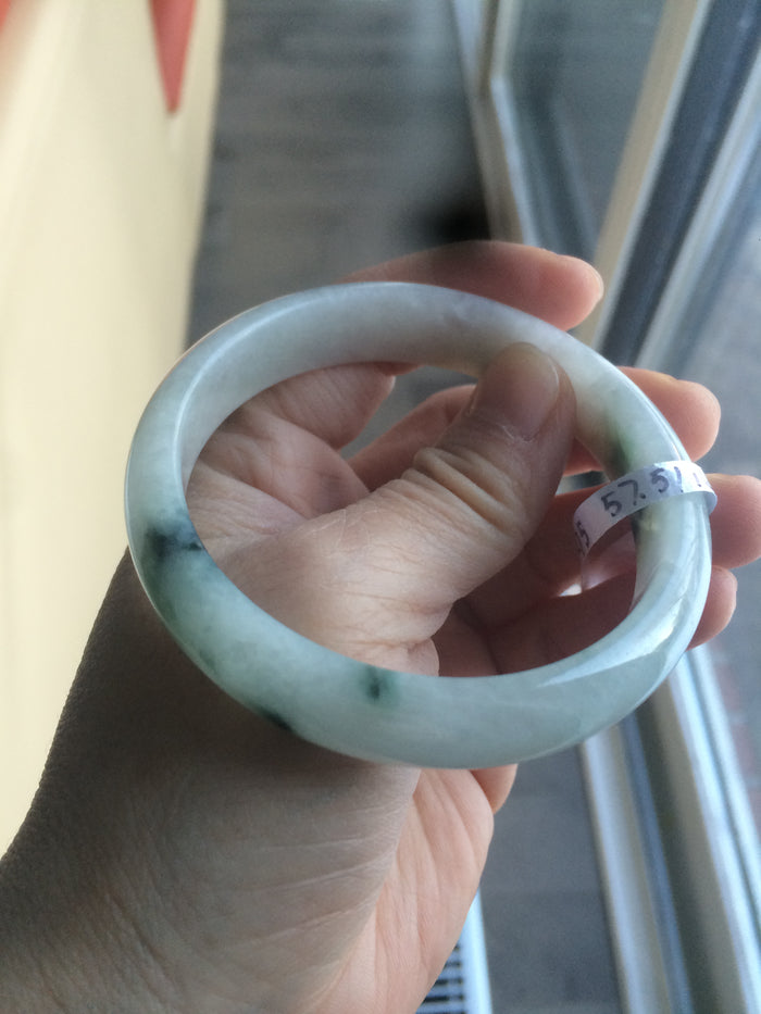 Certified Type A 100% Natural white/green flying flowers Jadeite Jade bangle 57mm  J70-6275