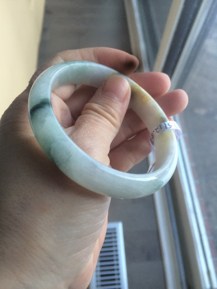 Certified Type A 100% Natural white/green flying flowers Jadeite Jade bangle 57mm  J70-6275