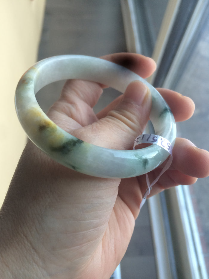 Certified Type A 100% Natural white/green flying flowers Jadeite Jade bangle 57mm  J70-6275